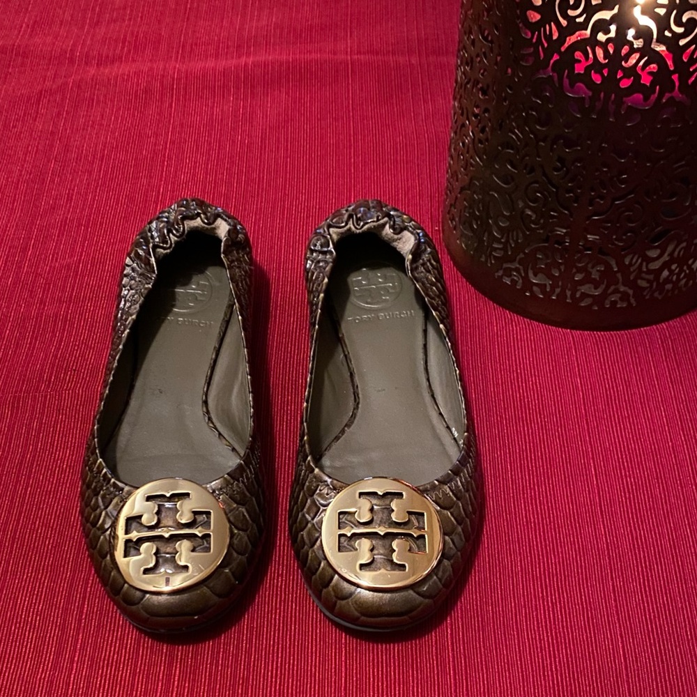 Tory Burch Brown Reva Snakeskin Ballet Flats